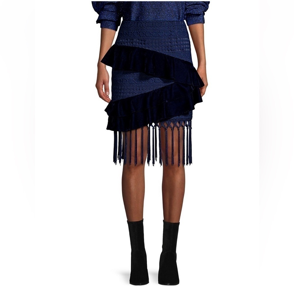 PatBO Velvet & Lace Fringed Mini Skirt in navy size 2 - Picture 4 of 11